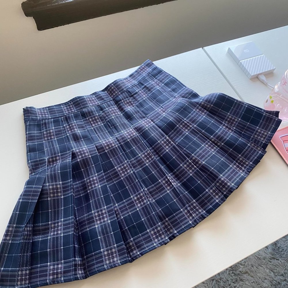 Dark Blue Plaid Pleated Skirt